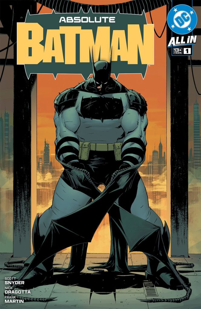 Capa oficial de Absolute Batman #1, de Nick Dragotta: o Batman gigante e musculoso, de capa preta e símbolo de morcego cinza, de pé diante de um céu laranja de Gotham