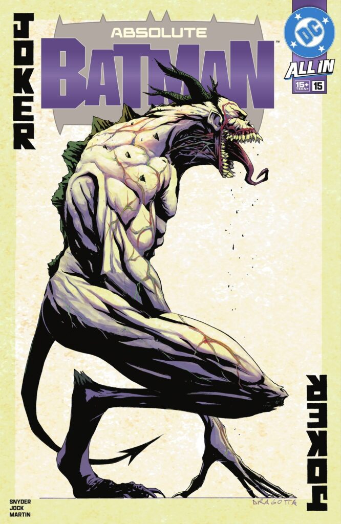 Capa oficial de Absolute Batman #15, de Jock: o Coringa do Universo Absolute como uma criatura pálida e esquelética, de boca escancarada, com o nome Joker escrito na vertical