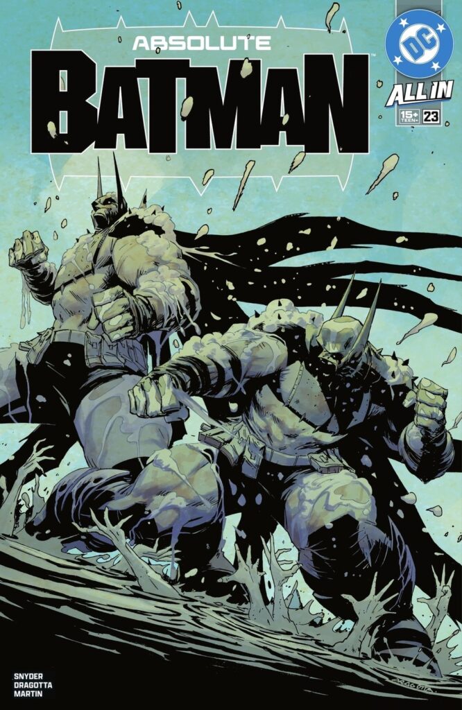 Capa oficial de Absolute Batman #23, de Nick Dragotta: dois Batmen de armadura se atracam em meio a respingos de tinta preta