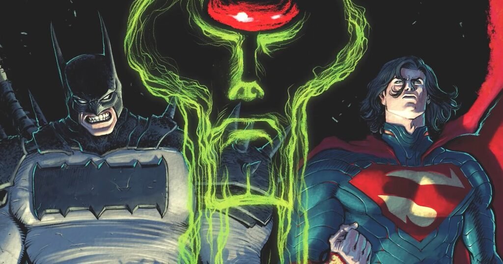 Batman e Superman do Universo Absolute diante do rosto de Darkseid, em verde, na arte de Absolute Justice