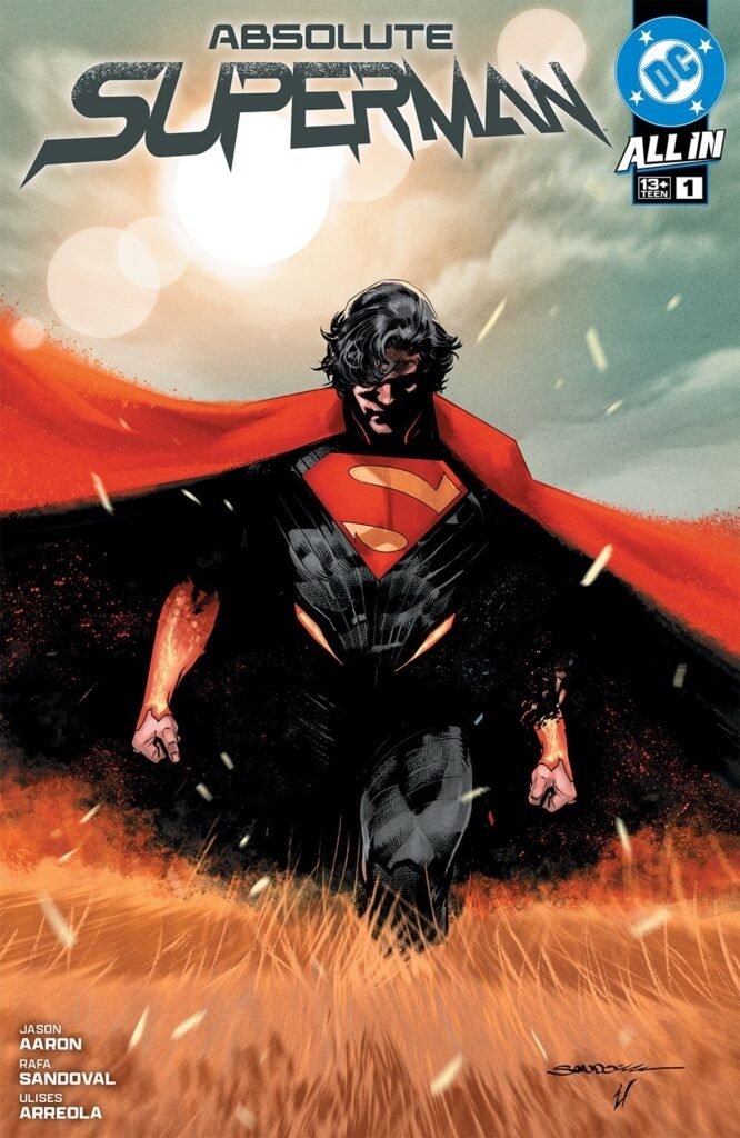 Capa de Absolute Superman #1, com o Superman de capa rasgada caminhando por um campo