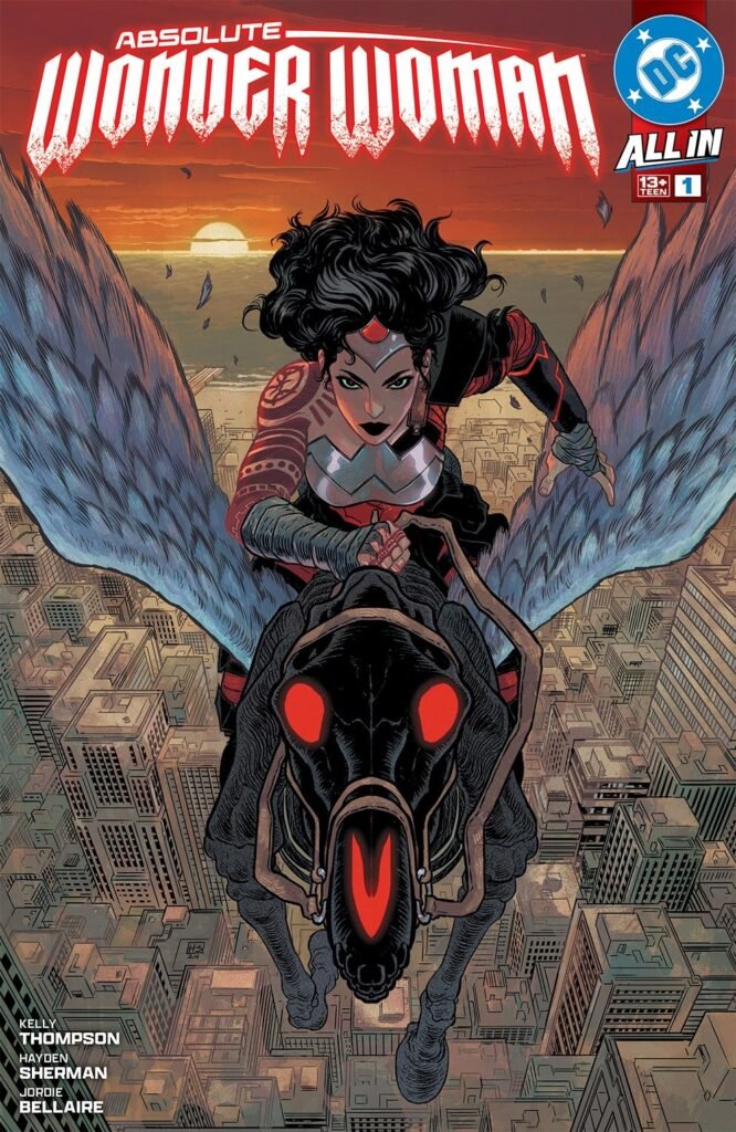 Capa de Absolute Wonder Woman #1, com a Mulher-Maravilha montada numa criatura alada
