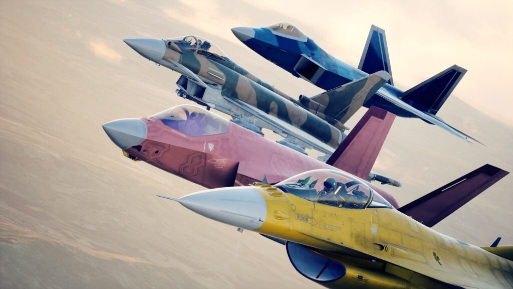 Caças com pinturas coloridas voando em formação em Ace Combat 8: Wings of Theve