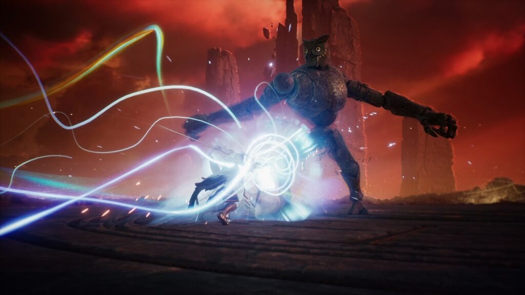 Personagem de AION 2 dispara um ataque mágico de luz colorida contra um inimigo