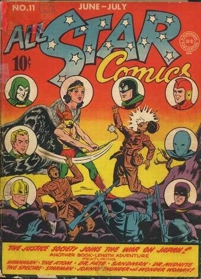 Capa de All Star Comics #11 (1942), da Sociedade da Justiça, com a Mulher-Maravilha entre os membros
