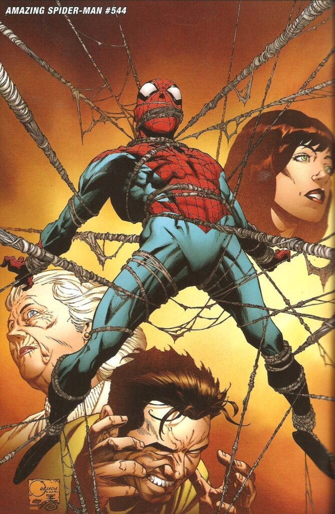 Capa sem logotipo de Amazing Spider-Man nº 544 (2007), de Joe Quesada, com o herói preso em teias entre Mary Jane, tia May e Peter