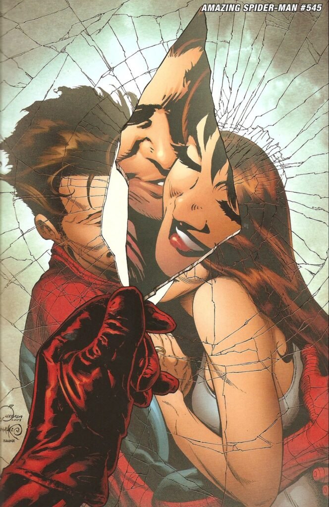 Capa sem logotipo de Amazing Spider-Man nº 545 (2007), de Joe Quesada, com Peter e Mary Jane abraçados num espelho quebrado