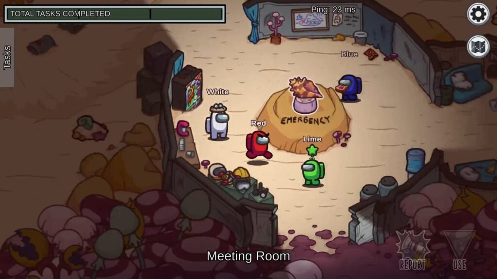 Tripulantes na sala de reunião em Among Us (captura oficial da Steam)