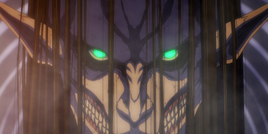 O Titã de Ataque de Eren, de cabelos longos e olhos verdes acesos, na Final Season