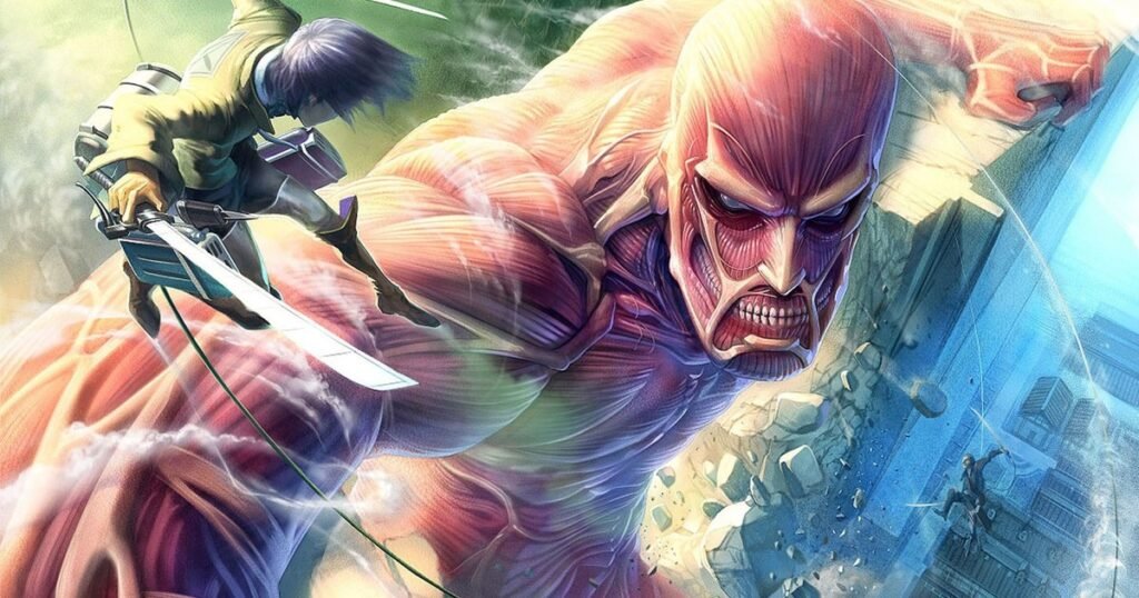 O Titã Colossal diante de soldados com equipamento de manobra numa arte oficial de Attack on Titan
