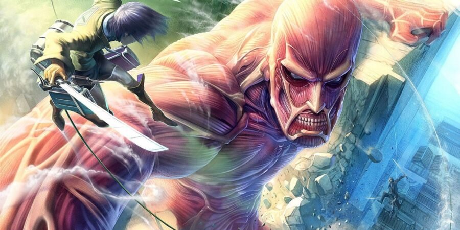 O Titã Colossal diante de soldados com equipamento de manobra numa arte oficial de Attack on Titan