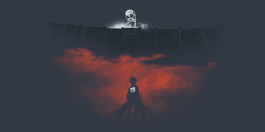 O Titã Colossal aparece por cima da muralha numa arte de Attack on Titan