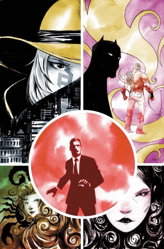 Capa variante de Batman #15, de Dustin Nguyen, com Bruce Wayne cercado por figuras do submundo de Gotham