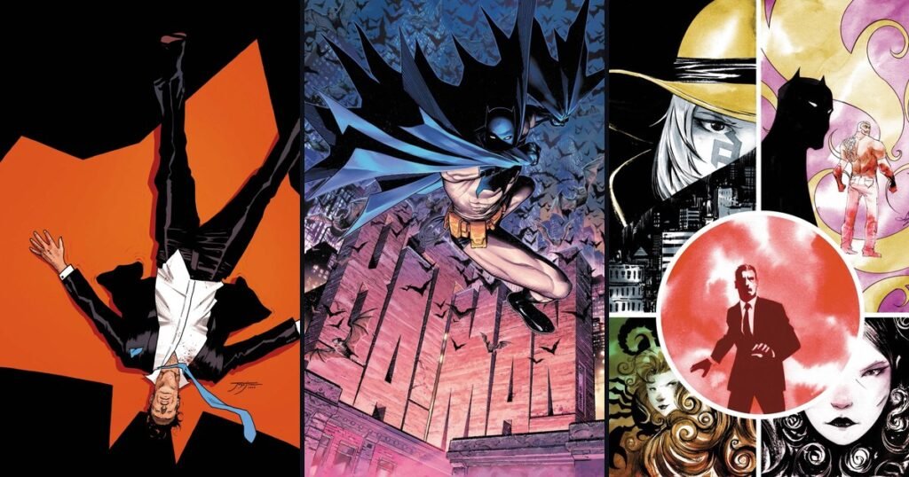 Montagem com três capas de Batman #15: Bruce Wayne caindo, o Batman de Jim Cheung e o submundo de Gotham de Dustin Nguyen