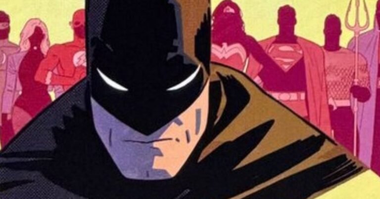 Capa de Batman: Justice Year #1 com Batman em close e a Liga da Justiça em silhueta atrás