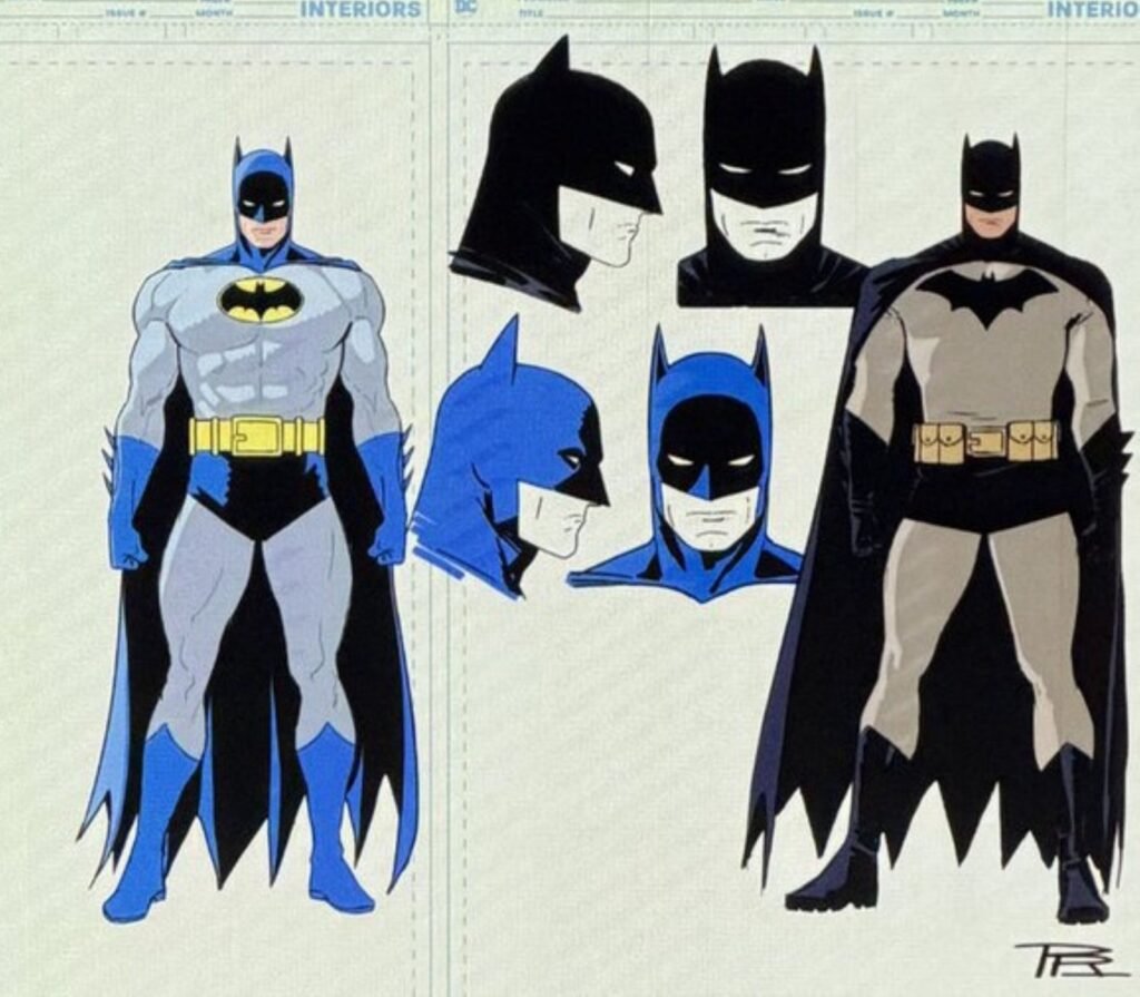 Model sheet oficial com dois trajes de Batman e estudos de cabeça para Batman: Justice Year