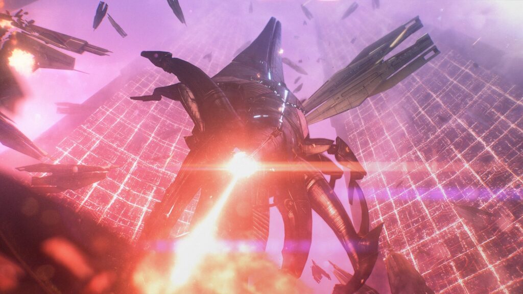 A nave Sovereign, dos Reapers, dispara um raio vermelho enquanto naves de guerra explodem ao redor da Cidadela, em cena de Mass Effect Legendary Edition