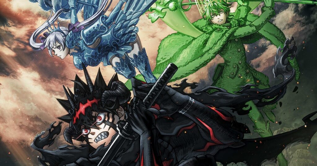 Asta em União Demoníaca, todo de preto e vermelho com espada, e acima dele Noelle de armadura azul e Yuno envolto em verde, em key visual oficial do 2nd Season de Black Clover