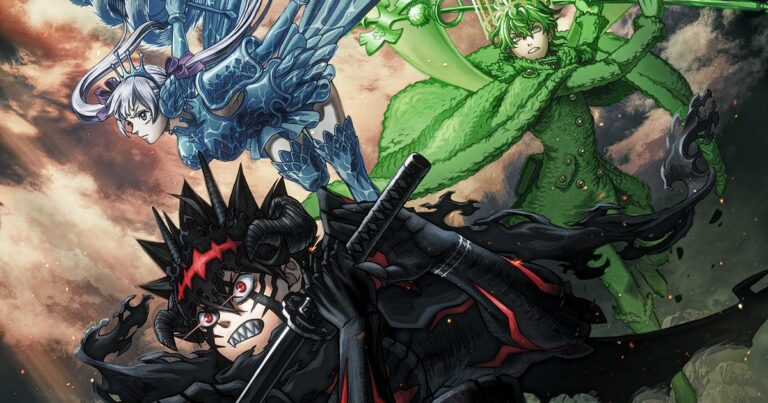 Asta em União Demoníaca, todo de preto e vermelho com espada, e acima dele Noelle de armadura azul e Yuno envolto em verde, em key visual oficial do 2nd Season de Black Clover