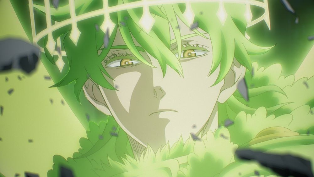 Yuno com a coroa do espírito do vento e cercado de luz verde, em cena oficial do episódio 2 do 2nd Season de Black Clover