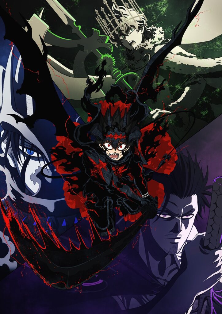 Key visual do 2nd Season de Black Clover com Asta em modo demoníaco ao centro, Yuno coroado no alto e Yami de katana no canto direito