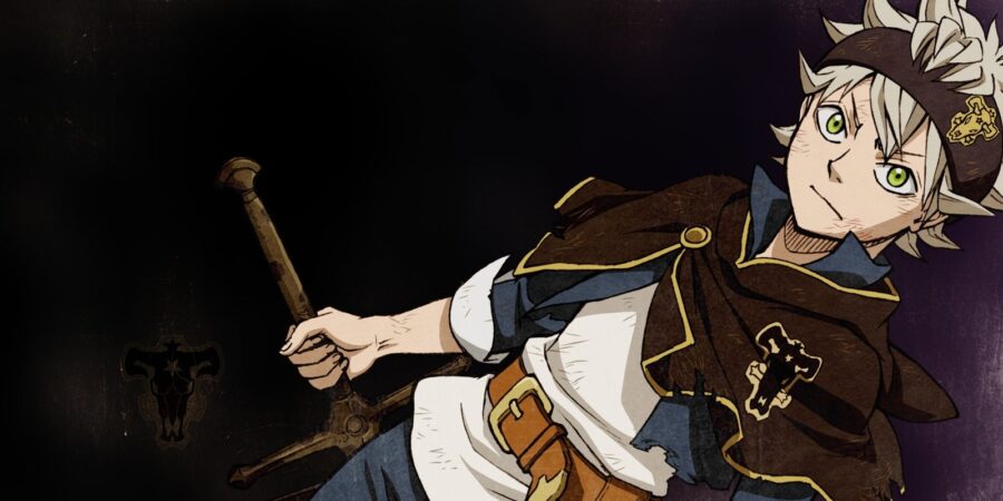 Asta com a capa dos Touros Negros e a espada na mão, numa arte oficial do anime Black Clover