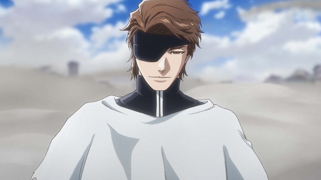 Cena oficial do episódio 48 de Bleach: Thousand-Year Blood War: Sōsuke Aizen de venda nos olhos e roupa branca, sob o céu aberto