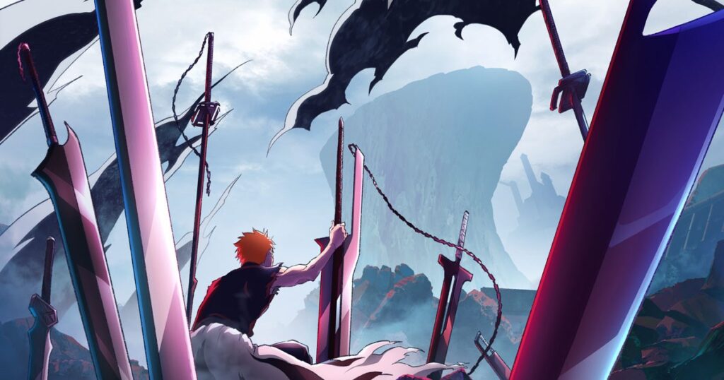Key visual oficial da parte final de Bleach: Thousand-Year Blood War: Ichigo de costas, segurando uma espada entre zanpakutō cravadas no chão, com a sombra cheia de olhos de Yhwach no céu
