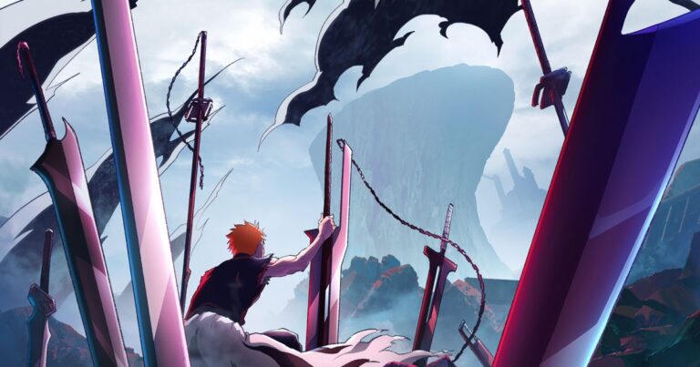 Key visual oficial da parte final de Bleach: Thousand-Year Blood War: Ichigo de costas, segurando uma espada entre zanpakutō cravadas no chão, com a sombra cheia de olhos de Yhwach no céu