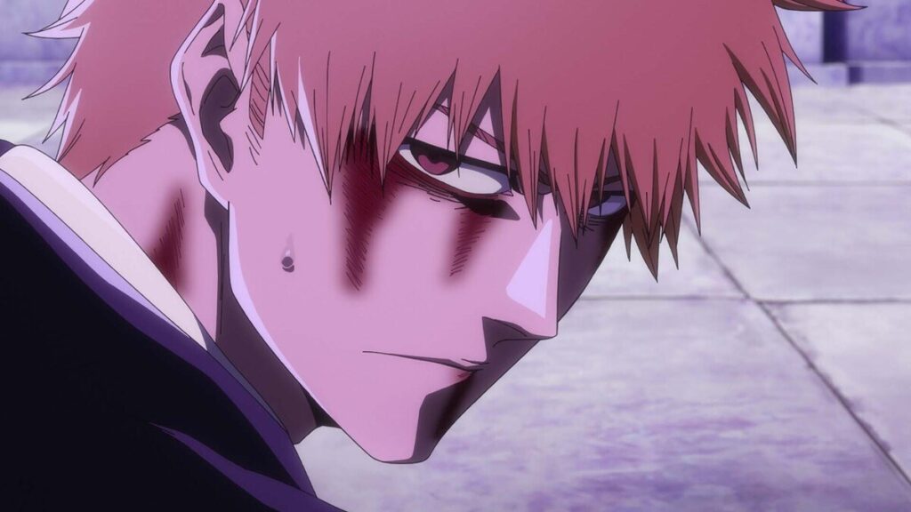 Cena oficial do episódio 48 de Bleach: Thousand-Year Blood War: Ichigo Kurosaki ferido, com sangue no rosto, olhando para baixo