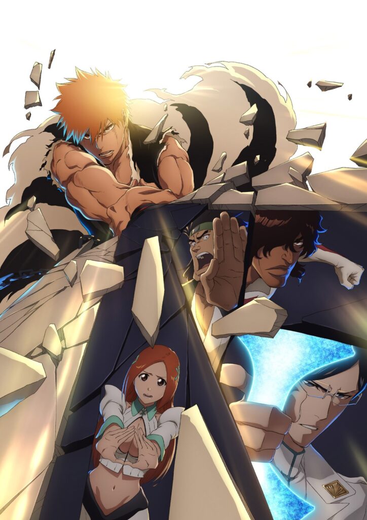 Key visual oficial de Bleach: Thousand-Year Blood War: Ichigo rompe uma parede de pedra, com Chad, Orihime e Uryū logo abaixo