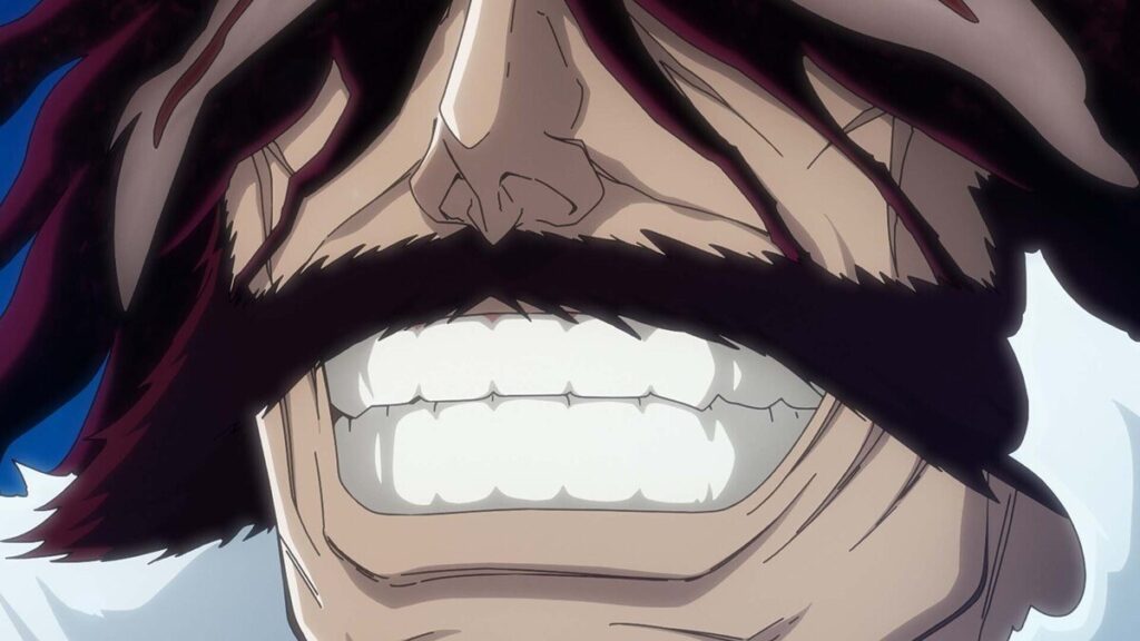 Cena oficial do episódio 48 de Bleach: Thousand-Year Blood War: close de Yhwach sorrindo, com a barba e os cabelos escuros cobrindo o rosto