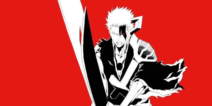 Ichigo Kurosaki com a zanpakutō erguida sobre fundo vermelho, na arte oficial de Bleach: Thousand-Year Blood War