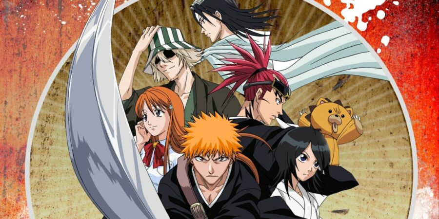 Ichigo e Rukia à frente de Renji, Byakuya, Orihime, Urahara e Kon, em arte oficial do anime Bleach