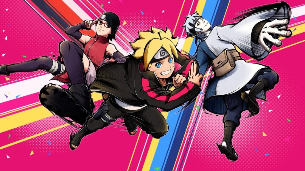 Boruto, Sarada e Mitsuki saltam juntos sobre um fundo rosa e listrado na arte oficial do Anime Boruto