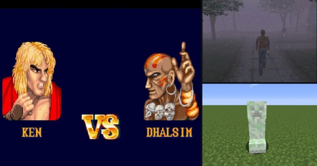 Tela de Ken contra Dhalsim em Street Fighter II, a neblina de Silent Hill e um Creeper de Minecraft