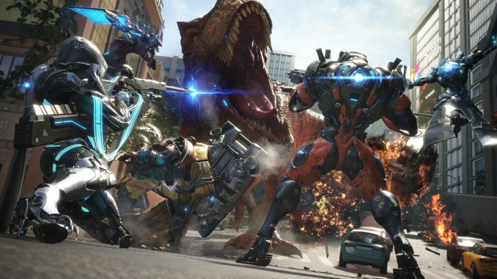 Jogadores de exotraje enfrentam um dinossauro gigante numa rua destruída, em captura oficial de Exoprimal