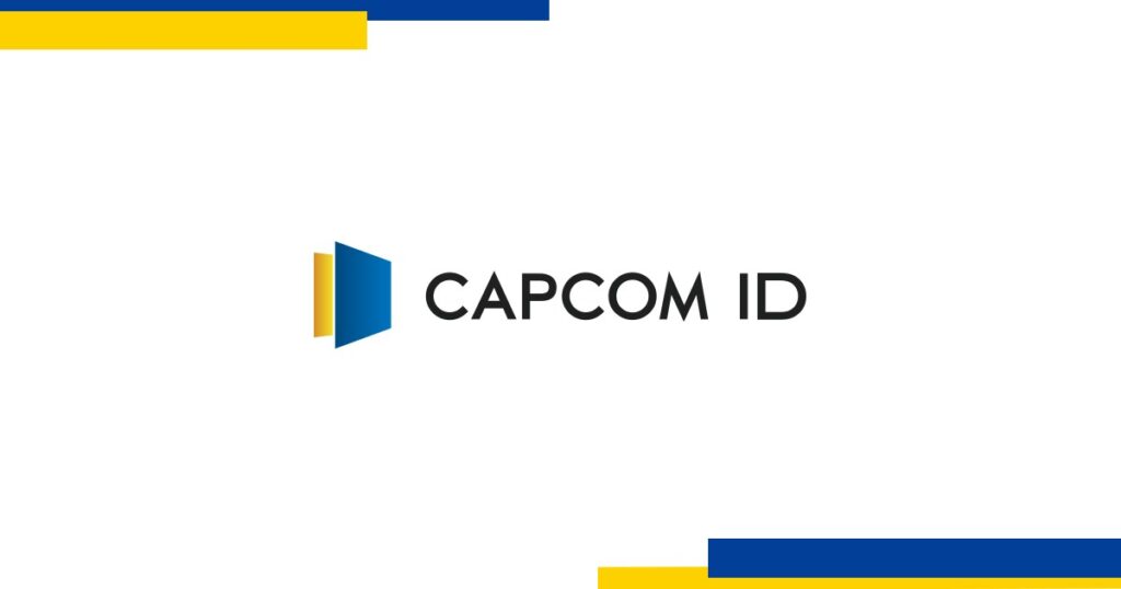 Logotipo oficial do CAPCOM ID, a conta única da Capcom para jogos e serviços online, sobre fundo branco com faixas azuis e amarelas