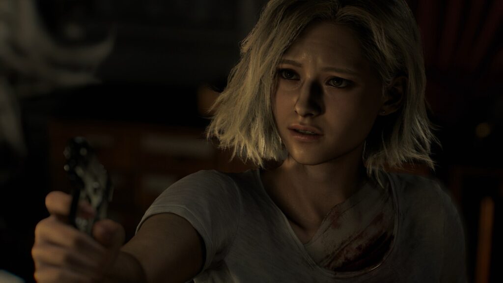 Grace Ashcroft, de cabelo loiro e camiseta suja, aponta uma pistola na penumbra, em captura oficial de Resident Evil Requiem