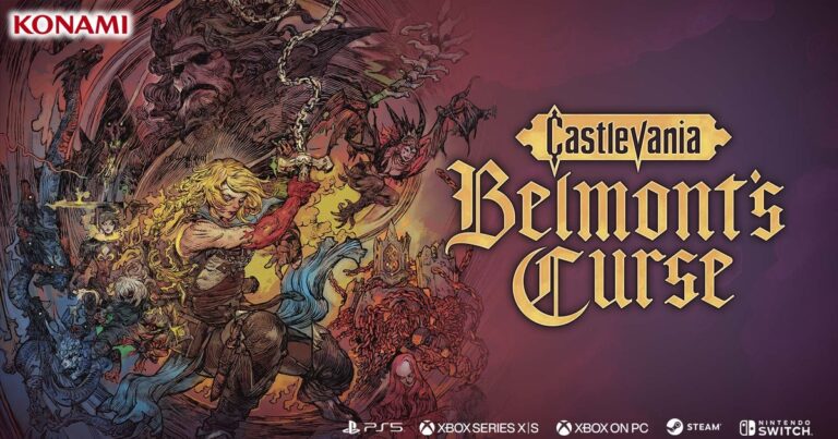 Key art oficial de Castlevania: Belmont's Curse com Rose Belmont empunhando o chicote Vampire Killer, cercada por monstros e por Drácula