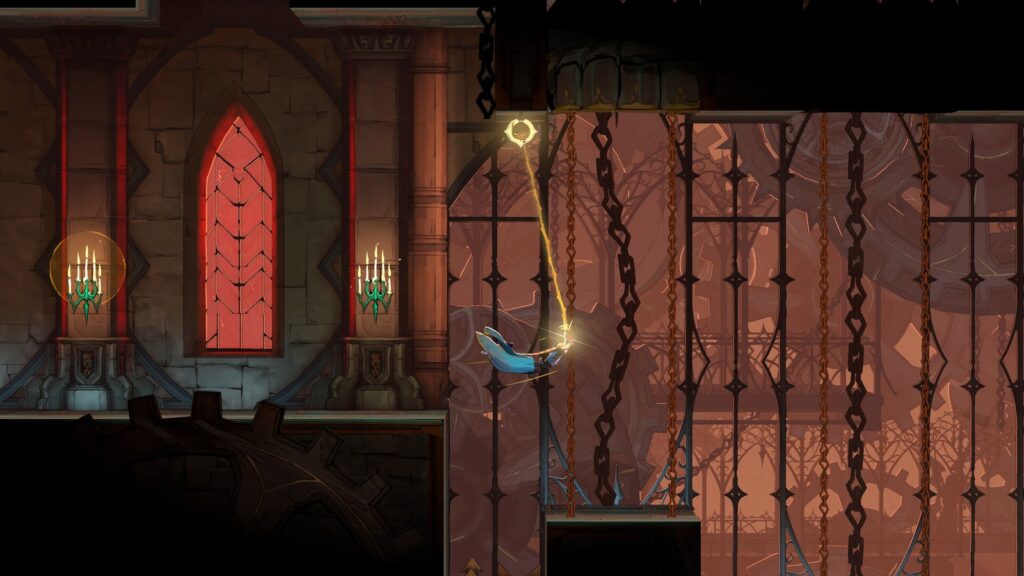 Screenshot oficial de Castlevania: Belmont's Curse: Rose se balança pendurada no chicote em uma sala gótica do castelo