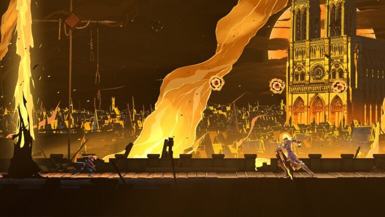 Paris em chamas, com a Notre-Dame ao fundo, em Castlevania: Belmont's Curse