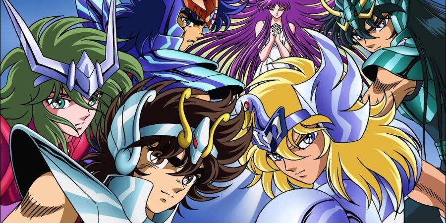 Seiya, Shiryu, Hyoga, Shun e Ikki com as armaduras de bronze numa arte oficial de Os Cavaleiros do Zodíaco