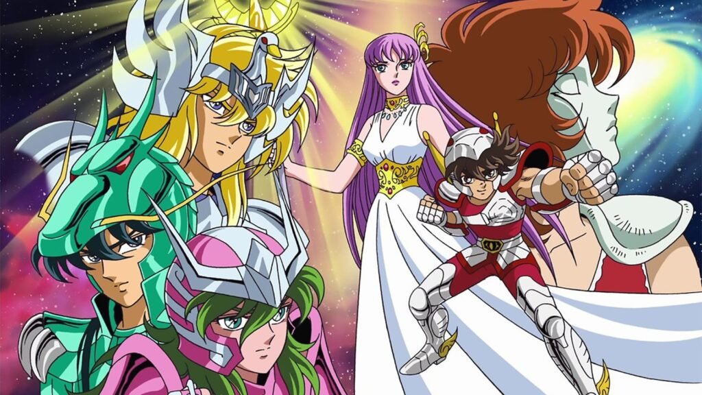 Saori, como Atena, de vestido branco e cetro, cercada pelos Cavaleiros de Bronze na arte oficial do Anime