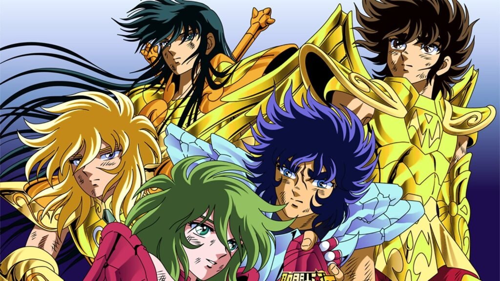 Os Cavaleiros de Bronze vestindo armaduras de ouro, com Seiya ao centro, na arte oficial do Anime Os Cavaleiros do Zodíaco