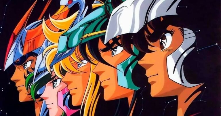 Seiya, Shiryu, Hyoga, Shun e Ikki de perfil, com os elmos das armaduras de bronze, na arte oficial do Anime Os Cavaleiros do Zodíaco