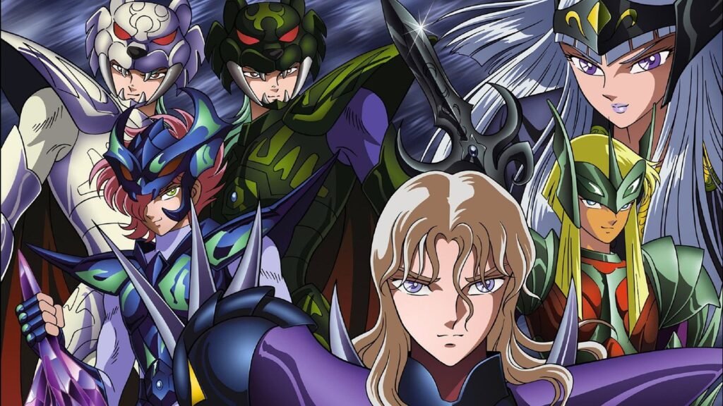 Os Guerreiros Deuses de Asgard, com Hilda ao centro, na arte oficial da saga de Asgard de Os Cavaleiros do Zodíaco