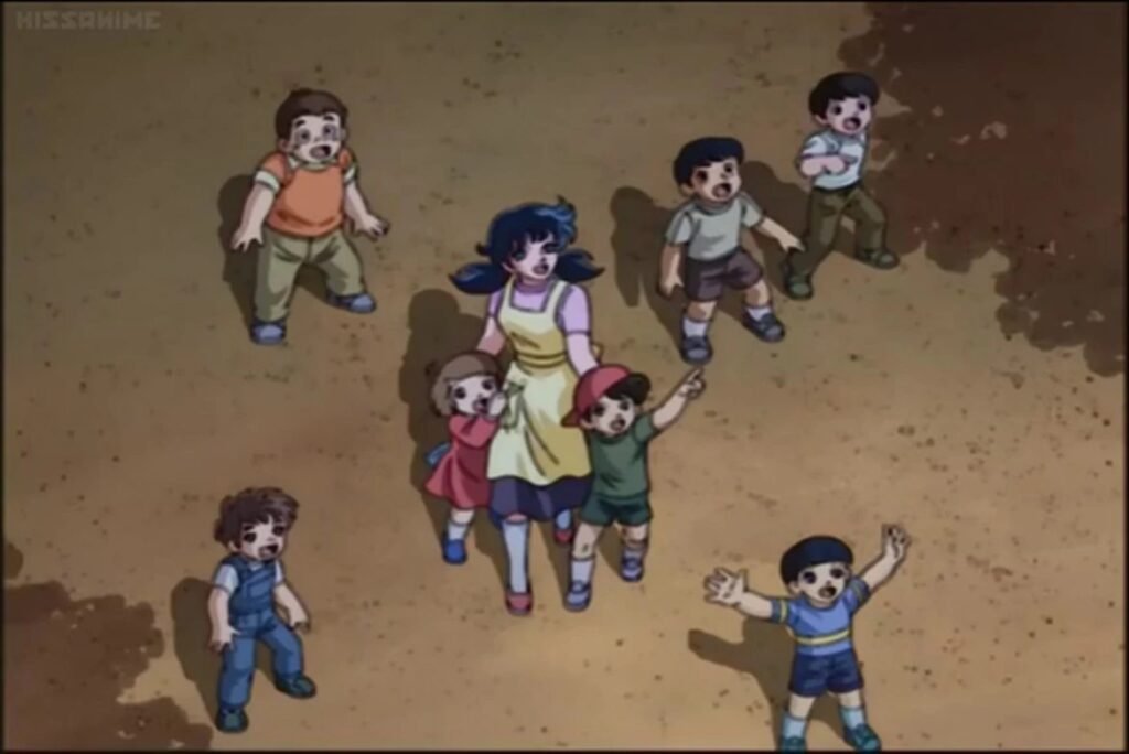 Cena de Os Cavaleiros do Zodíaco: Saga de Hades – Elysion (episódio 6), com as crianças do orfanato de Seiya
