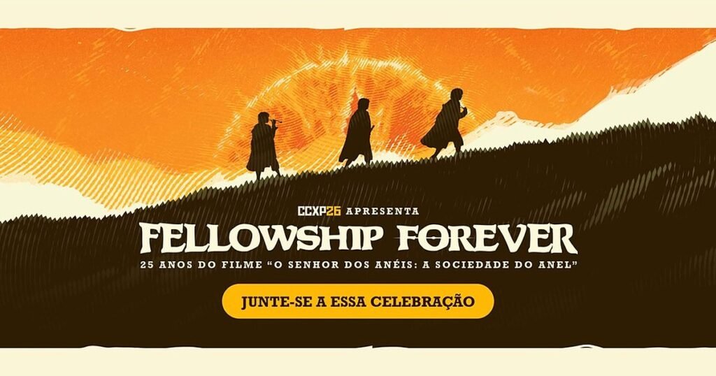 Arte oficial do Fellowship Forever, encontro da CCXP26 pelos 25 anos de O Senhor dos Anéis: A Sociedade do Anel