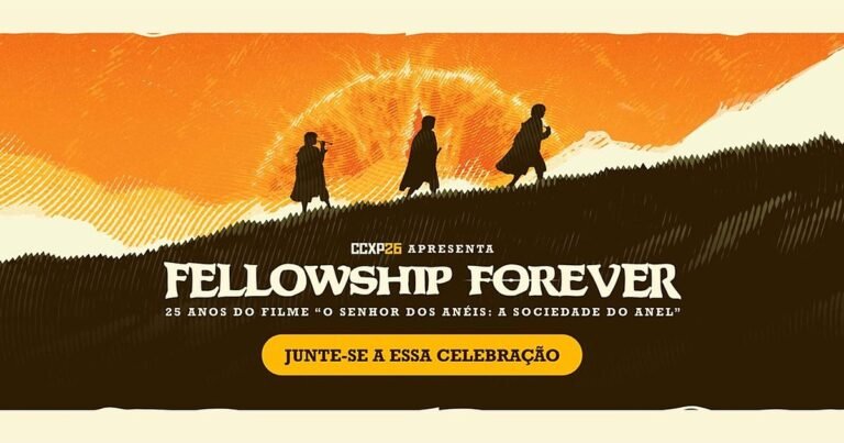 Arte oficial do Fellowship Forever, encontro da CCXP26 pelos 25 anos de O Senhor dos Anéis: A Sociedade do Anel